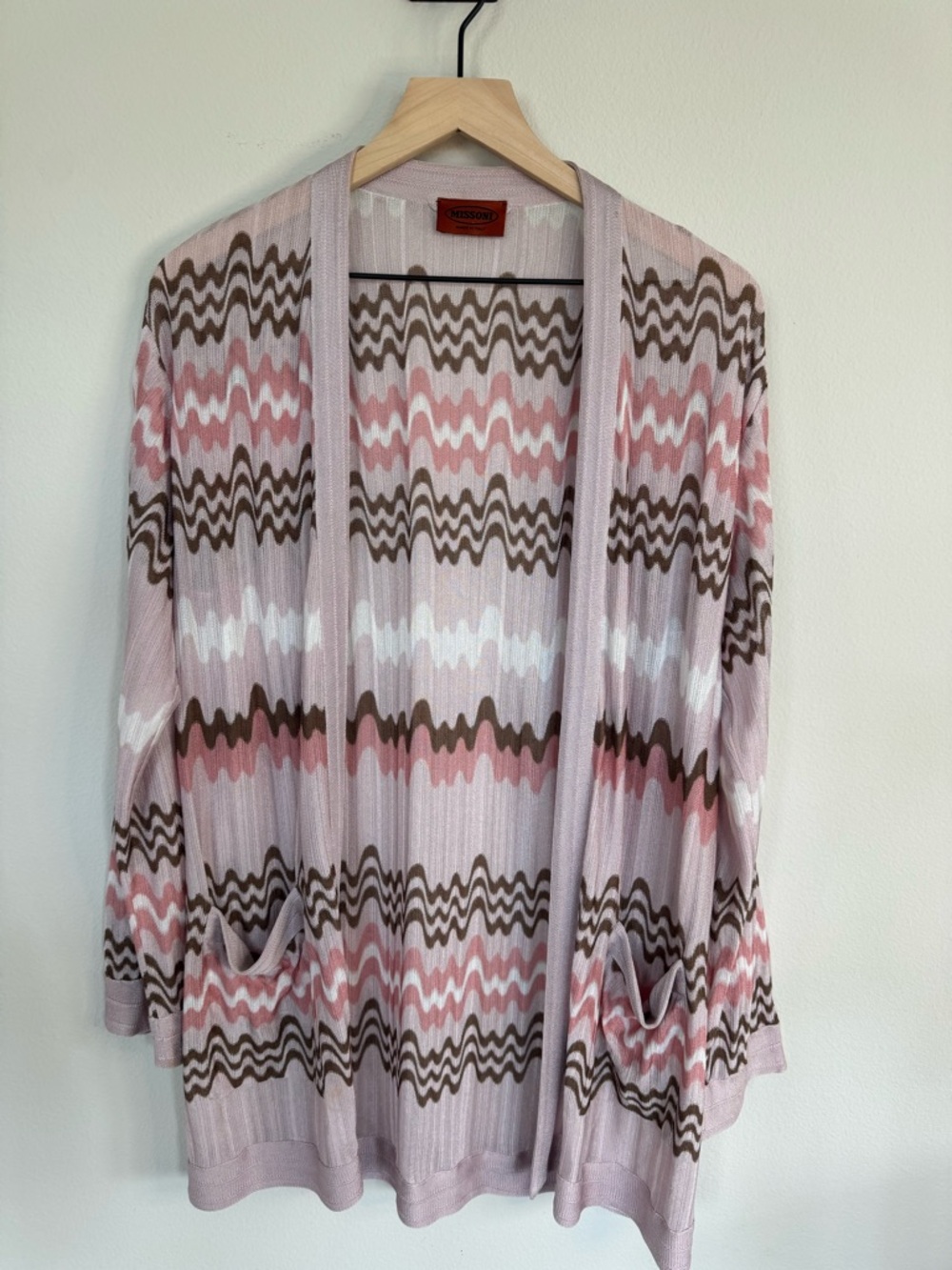 Missoni Zigzag Knit Cardigan Open Front Lightweight Italy Designer Large